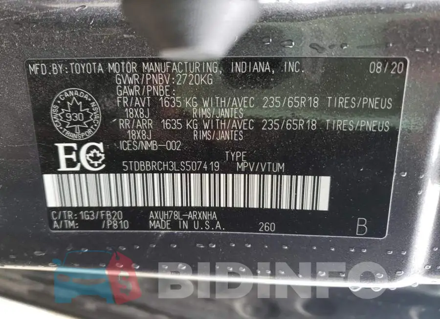 5TDBBRCH3LS507419 Photo# 10
