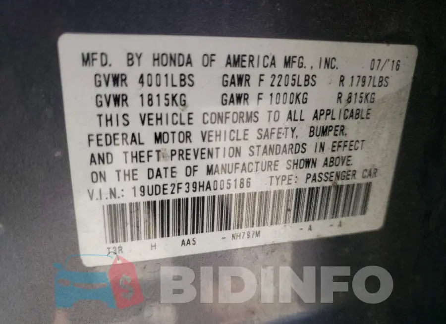 19UDE2F39HA005186 Photo# 10
