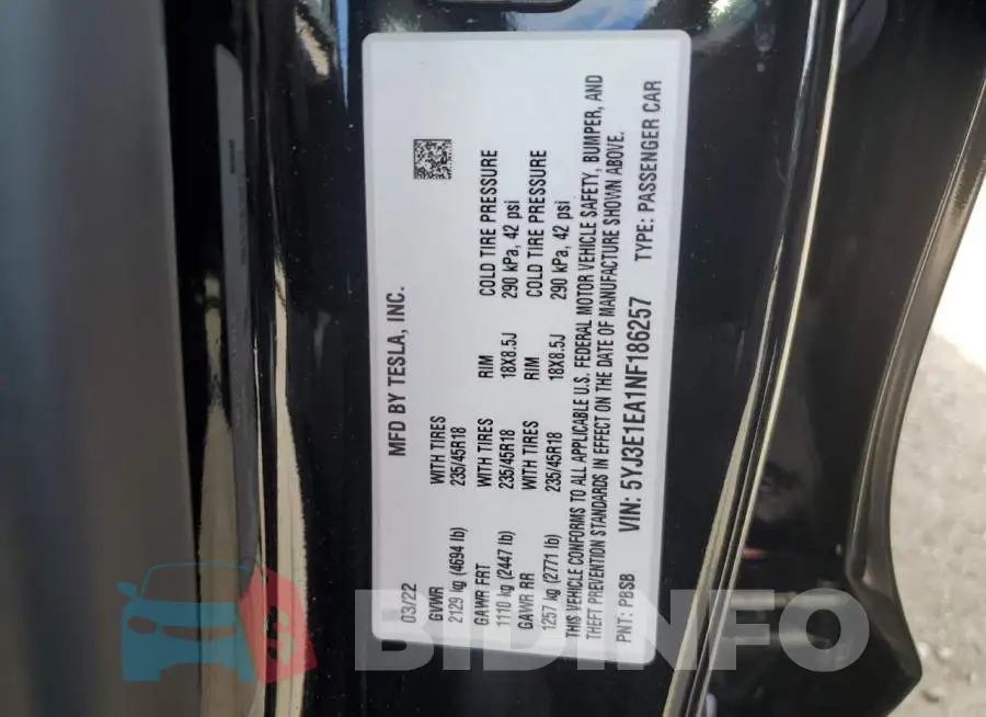 5YJ3E1EA1NF186257 Photo# 12