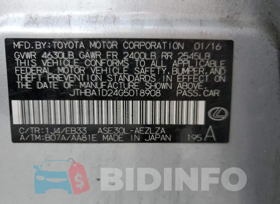 JTHBA1D24G5018908 Photo# 10