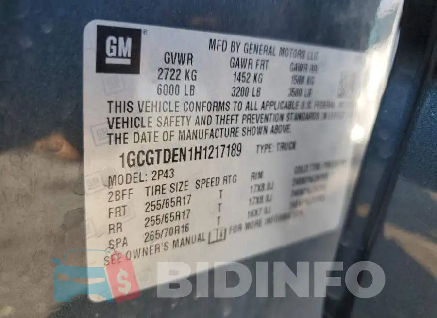 1GCGTDEN1H1217189 Photo# 10