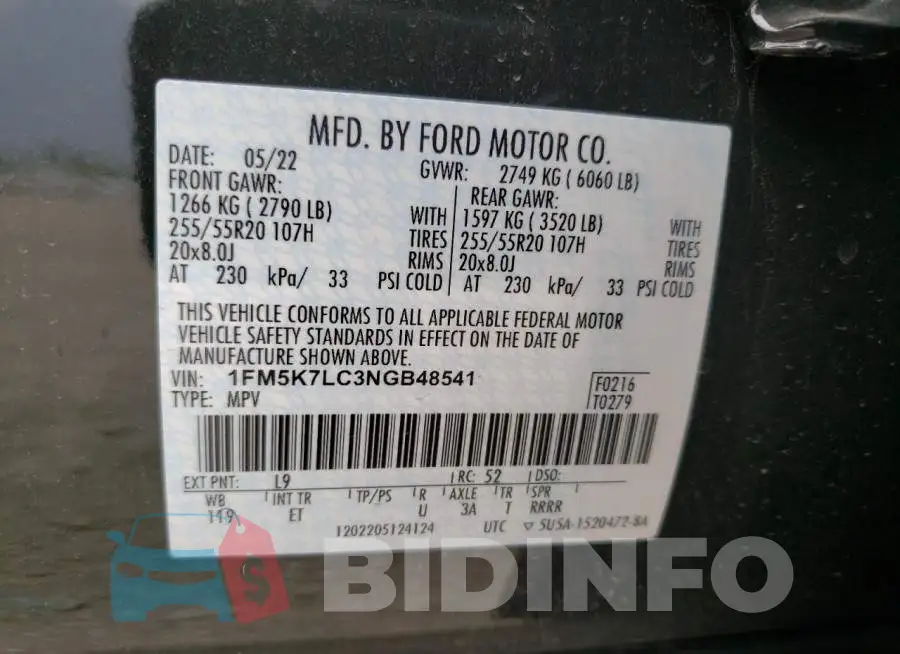 1FM5K7LC3NGB48541 Photo# 10
