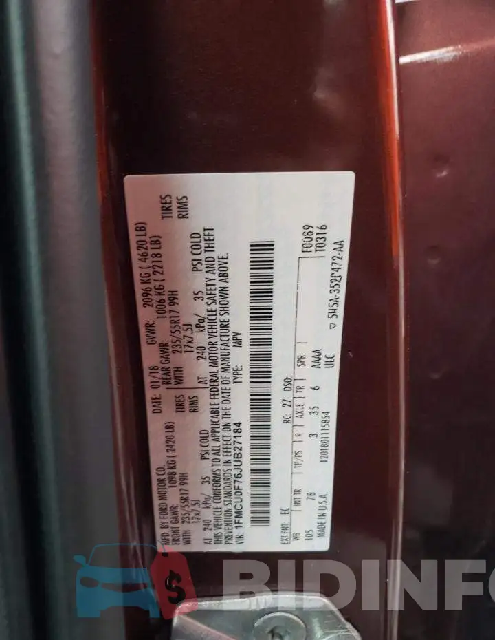 1FMCU0F76JUB27184 Photo# 10