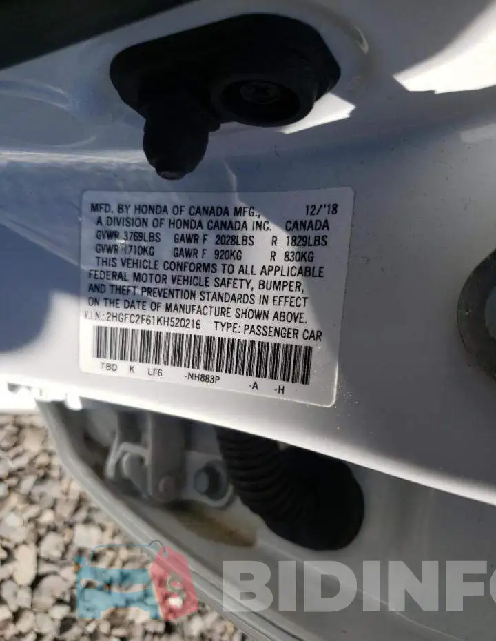 2HGFC2F61KH520216 Photo# 10