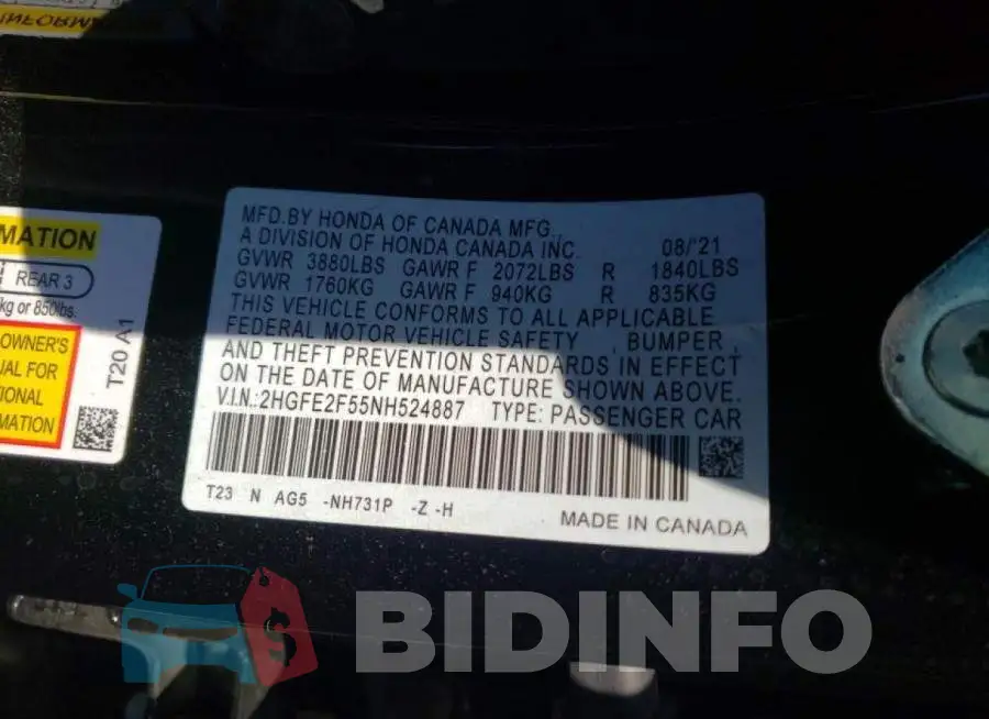 2HGFE2F55NH524887 Photo# 10