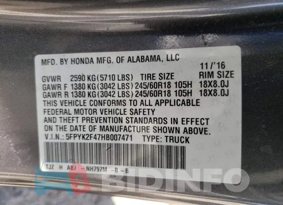 5FPYK2F47HB007471 Photo# 10