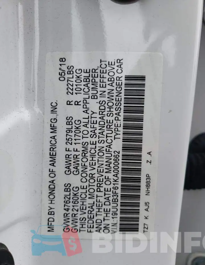 19UUB3F61KA000662 Photo# 10