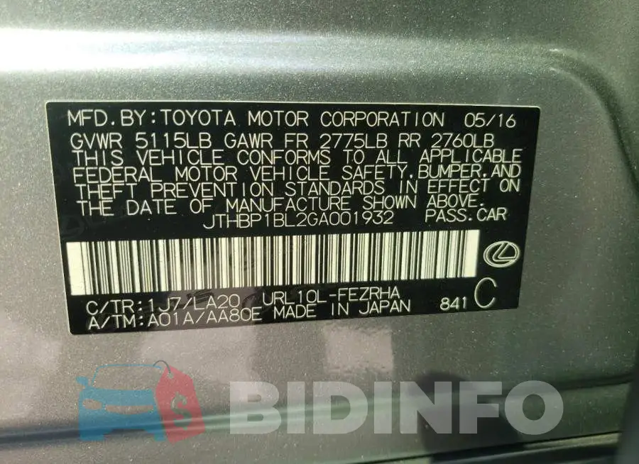 JTHBP1BL2GA001932 Photo# 10