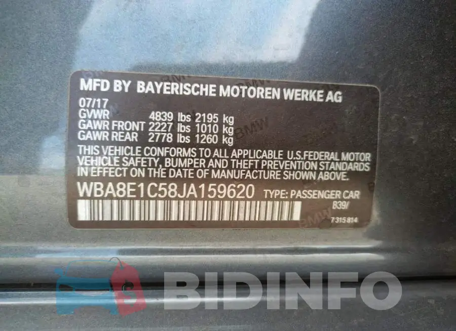 WBA8E1C58JA159620 Photo# 10