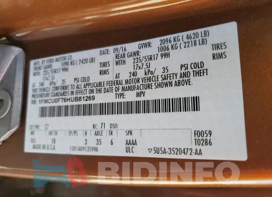 1FMCU0F76HUB81269 Photo# 10
