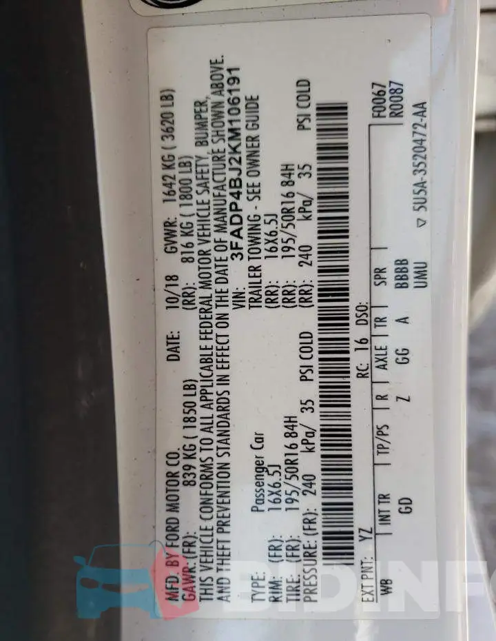 3FADP4BJ2KM106191 Photo# 10
