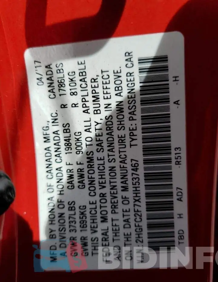 2HGFC2F7XHH537467 Photo# 10