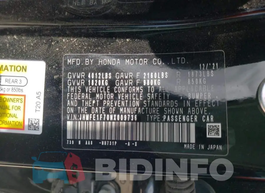 JHMFE1F70NX009736 Photo# 10