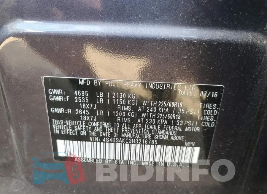 4S4BSAKC3H3216785 Photo# 10