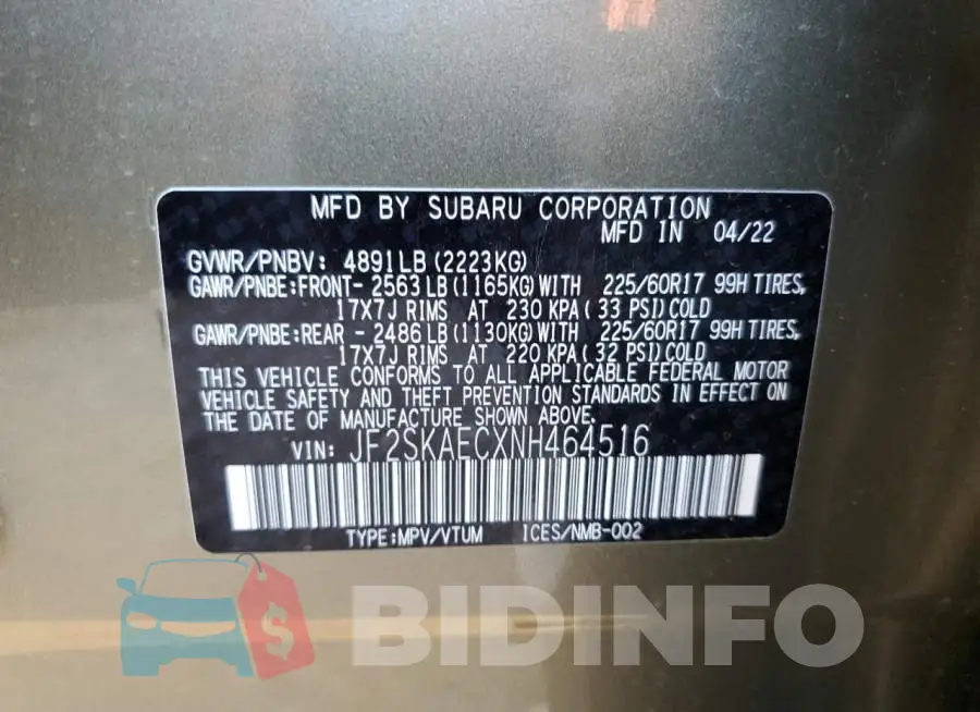 JF2SKAECXNH464516 Photo# 10