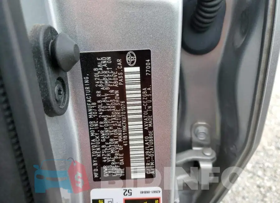4T1B11HK7KU701076 Photo# 10