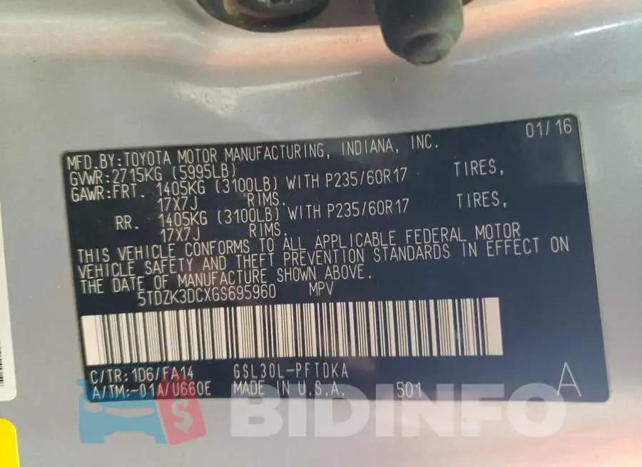 5TDZK3DCXGS695960 Photo# 10