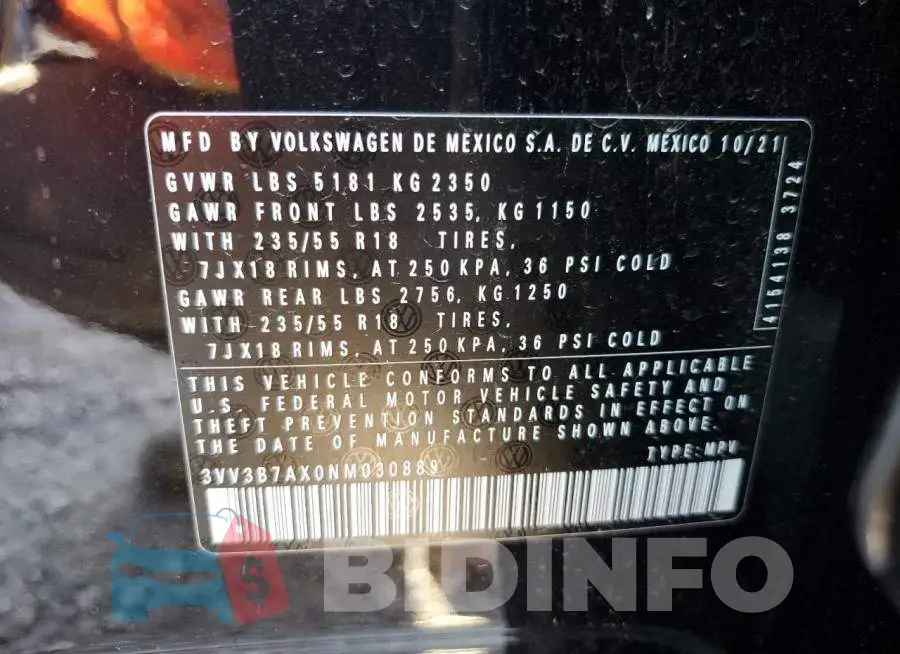 3VV3B7AX0NM030889 Photo# 10