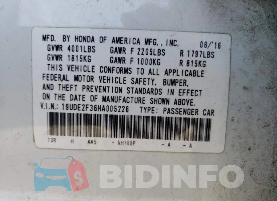 19UDE2F36HA005226 Photo# 10