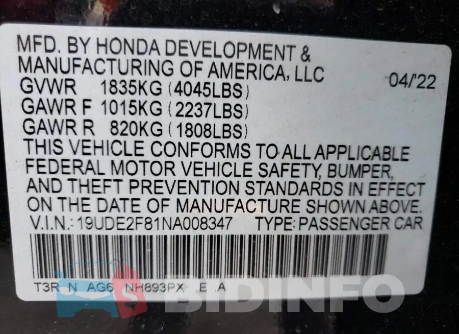 19UDE2F81NA008347 Photo# 10