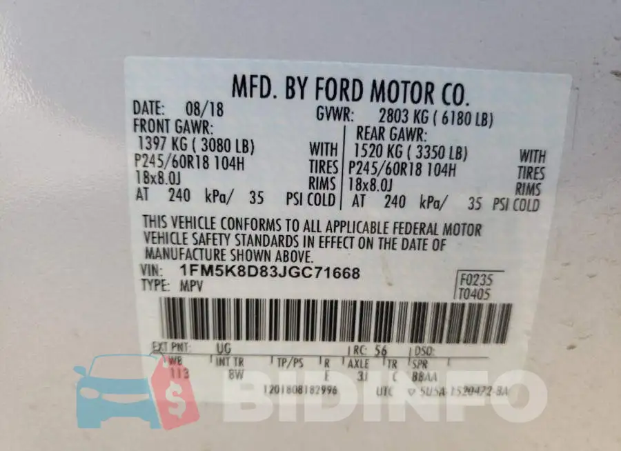 1FM5K8D83JGC71668 Photo# 10