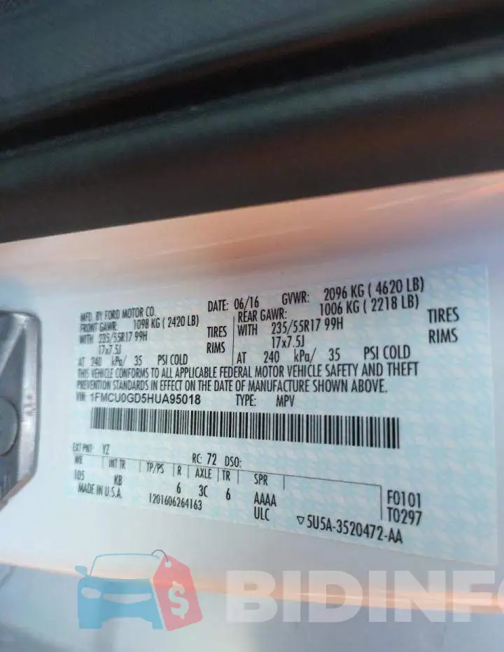 1FMCU0GD5HUA95018 Photo# 10