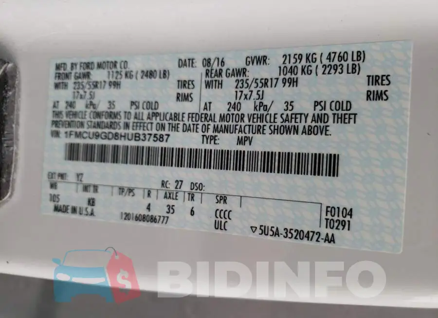1FMCU9GD8HUB37587 Photo# 10