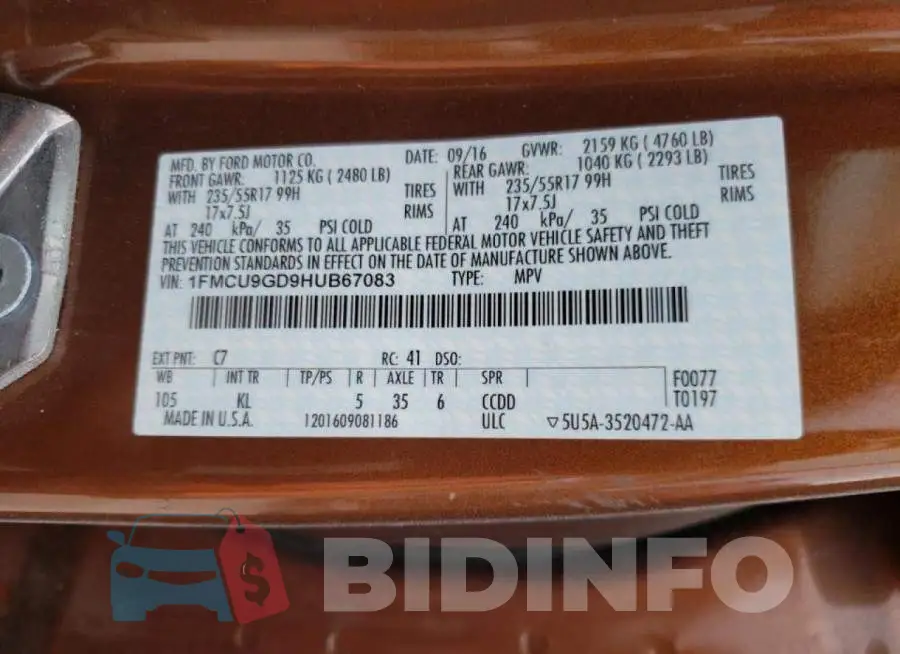 1FMCU9GD9HUB67083 Photo# 10