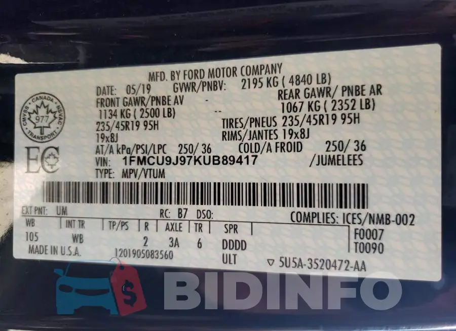 1FMCU9J97KUB89417 Photo# 10