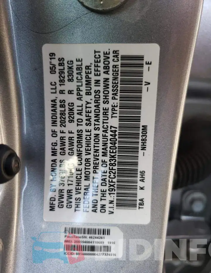 19XFC2F83KE040447 Photo# 10