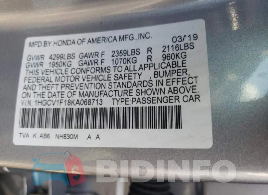 1HGCV1F18KA068713 Photo# 10