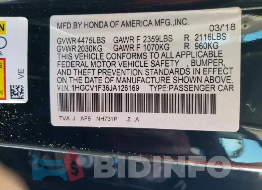 1HGCV1F36JA126169 Photo# 10