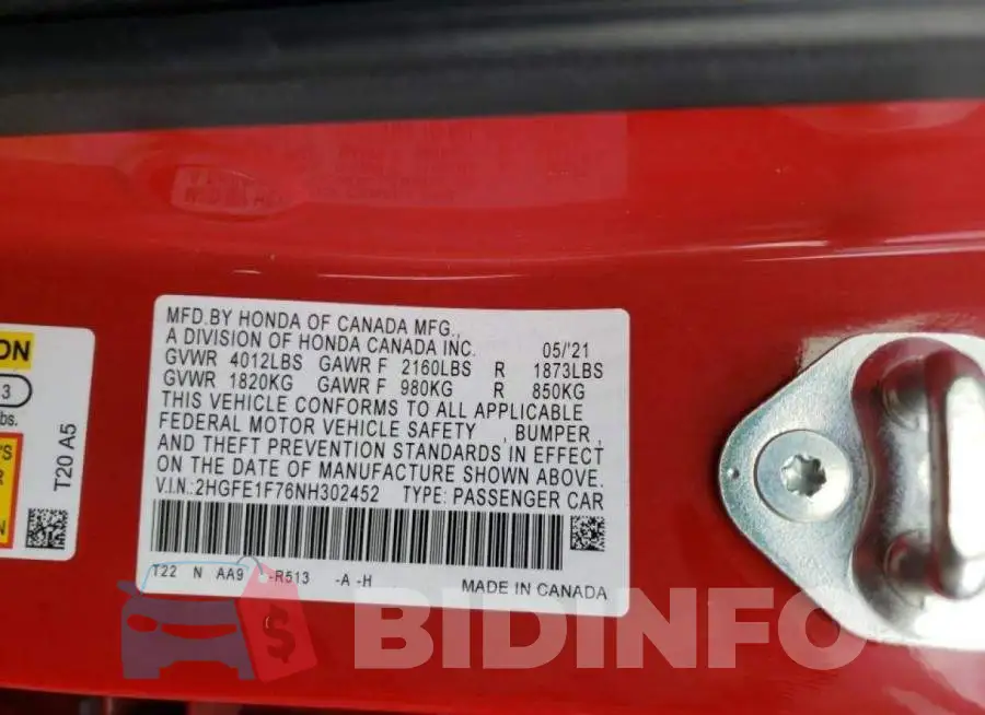 2HGFE1F76NH302452 Photo# 10