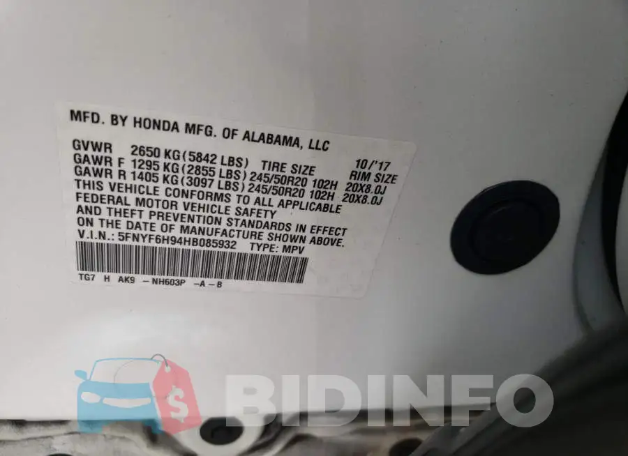 5FNYF6H94HB085932 Photo# 10