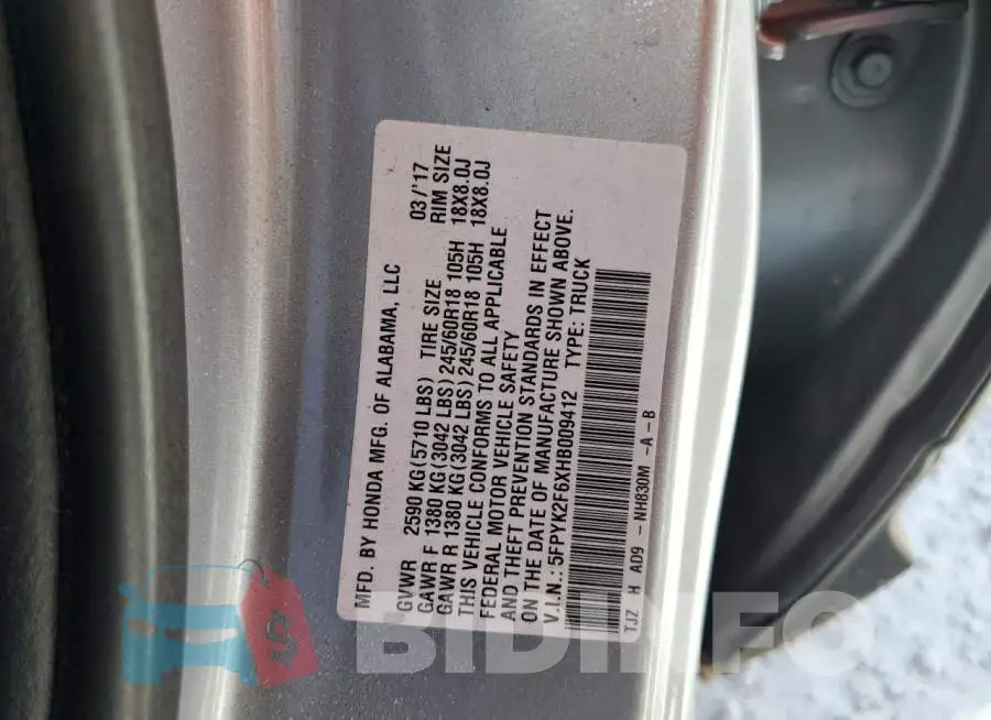 5FPYK2F6XHB009412 Photo# 10