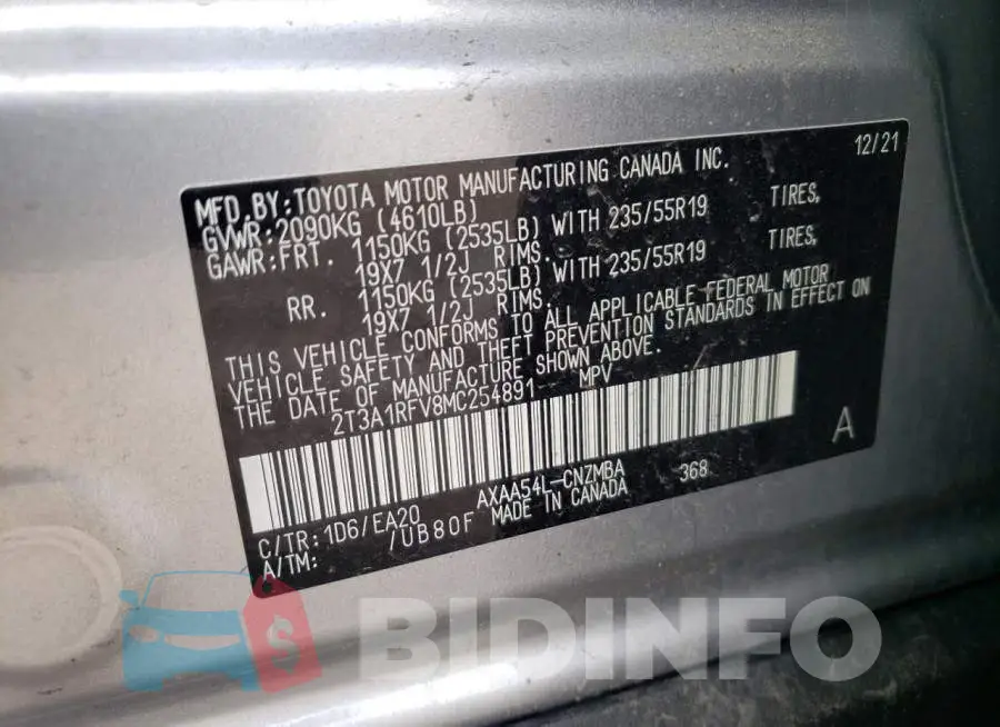 2T3A1RFV8MC254891 Photo# 10