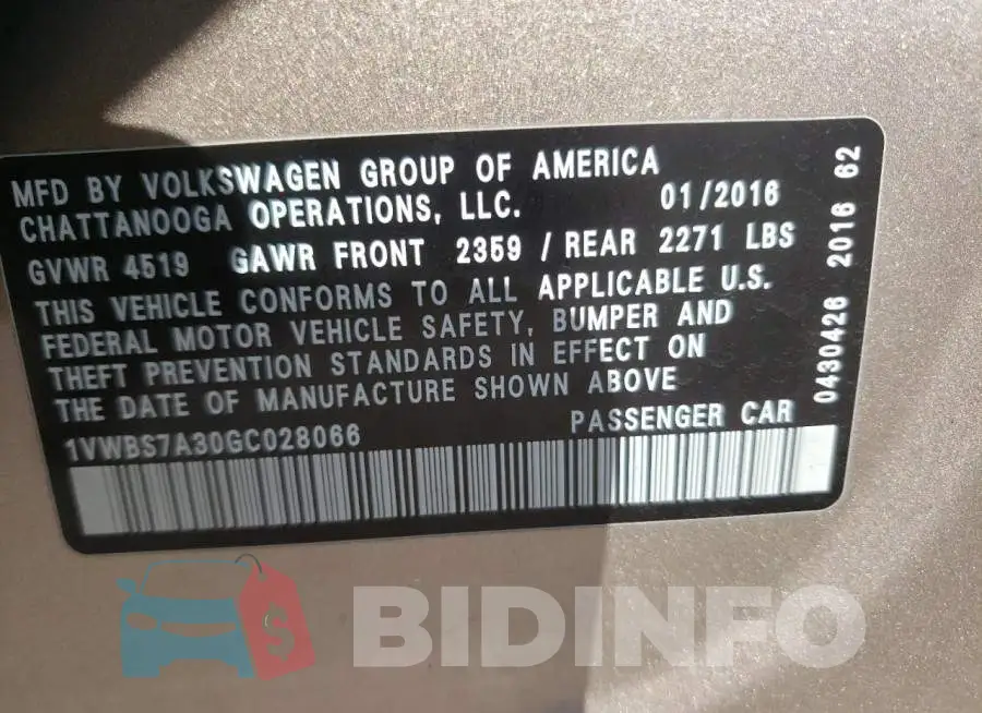 1VWBS7A30GC028066 Photo# 10