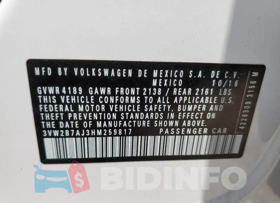 3VW2B7AJ3HM259817 Photo# 10