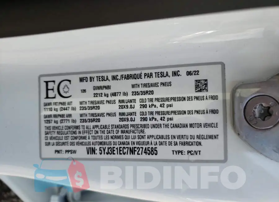 5YJ3E1EC7NF274585 Photo# 10