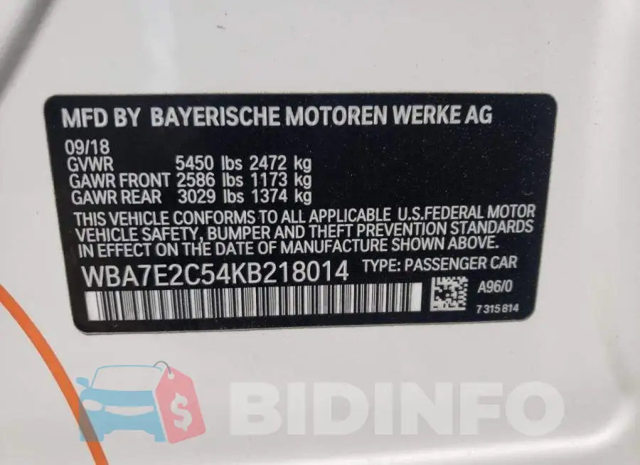 WBA7E2C54KB218014 Photo# 10