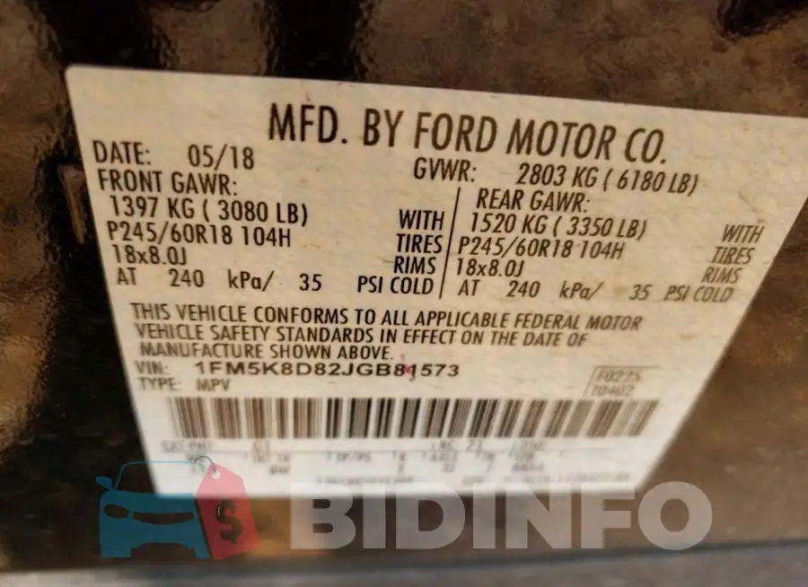 1FM5K8D82JGB81573 Photo# 10