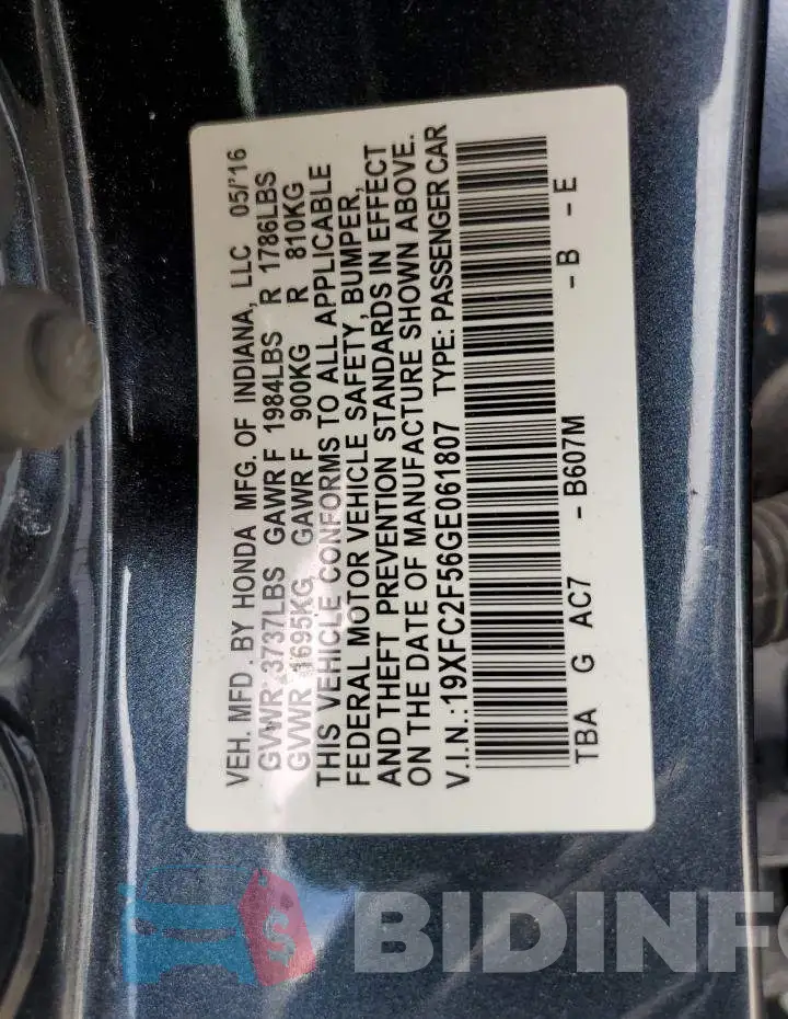 19XFC2F56GE061807 Photo# 10