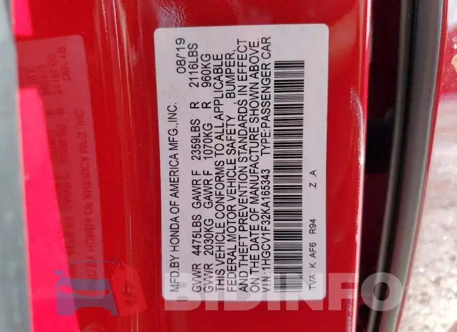 1HGCV1F32KA165343 Photo# 12