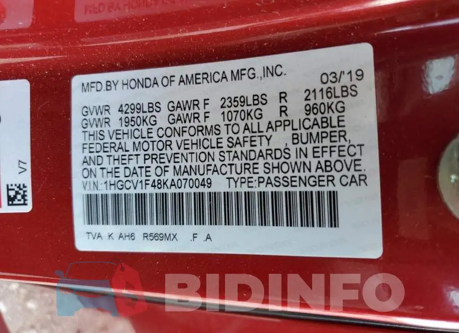 1HGCV1F48KA070049 Photo# 10