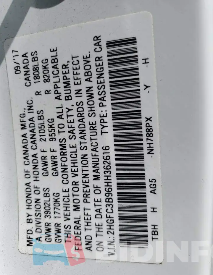 2HGFC3B96HH362616 Photo# 10