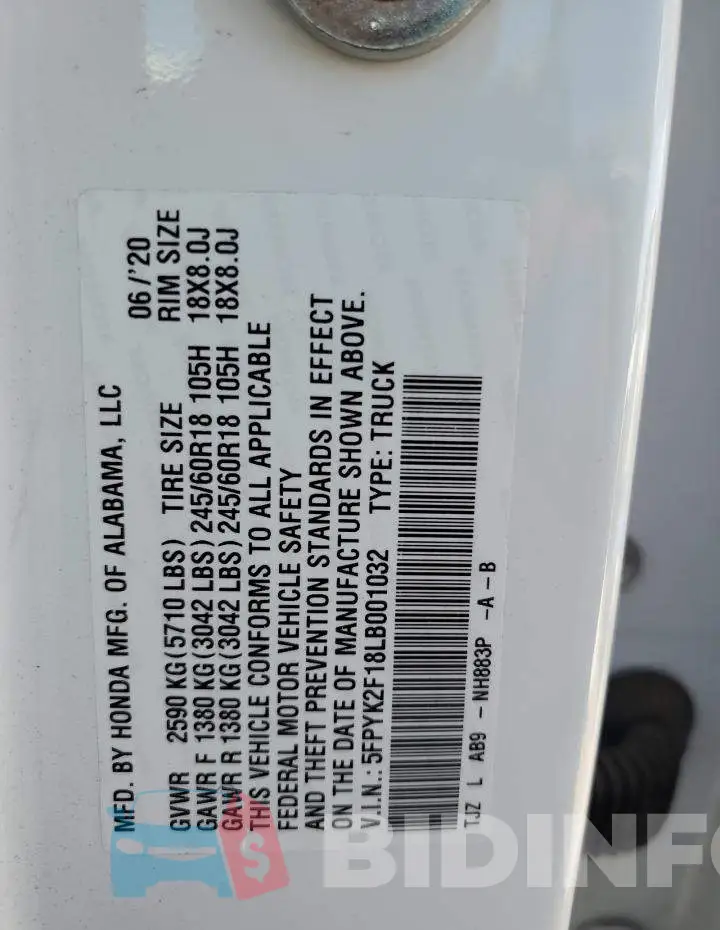 5FPYK2F18LB001032 Photo# 10