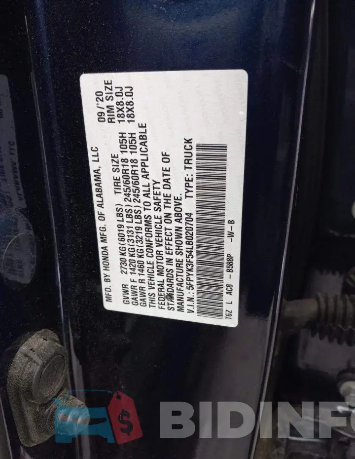 5FPYK3F54LB020704 Photo# 9