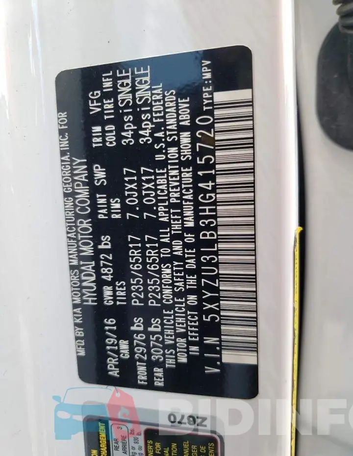5XYZU3LB3HG415720 Photo# 10