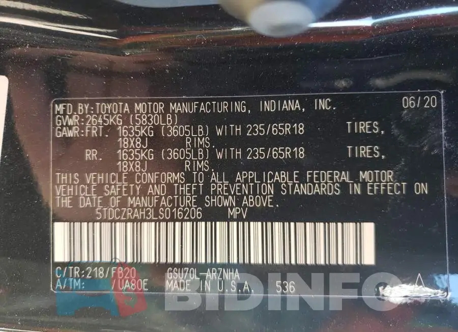 5TDCZRAH3LS016206 Photo# 10