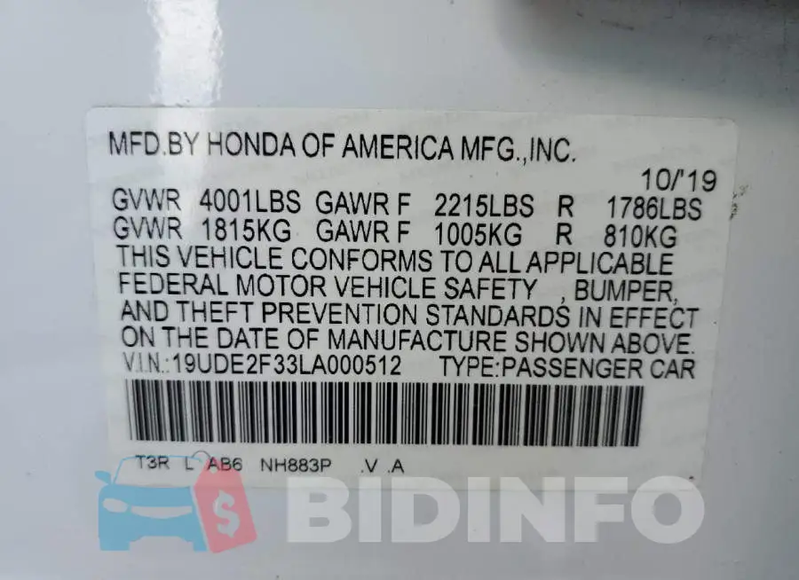 19UDE2F33LA000512 Photo# 10